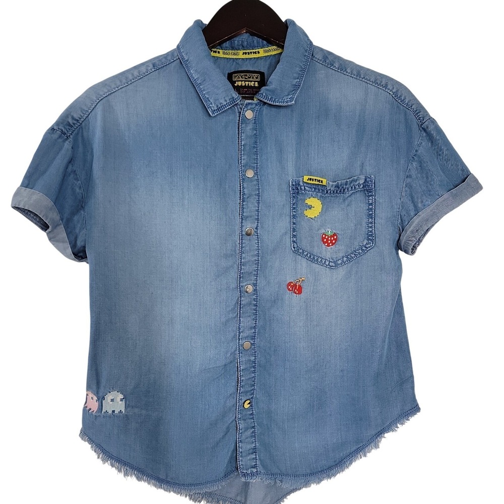 Justice Girls Pac-Man Ghost Gang Chambray Button Up Shirt Sx 12 14 L Embroidered